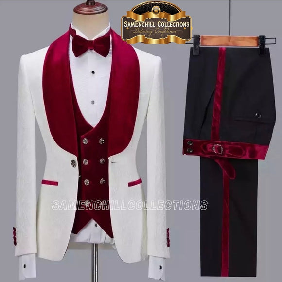 GROOMSMAN PATTERNED WHITE AND RED 3-PIECE TUXEDO