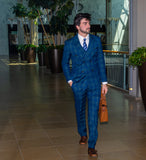 FINANZIERE Blue Plaid Double Breasted 3-piece Suit