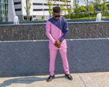 ROYAL AFRICAN MEN'S WEAR,BABY PINK WITH BLACK AND WHITE STRIPED TOP