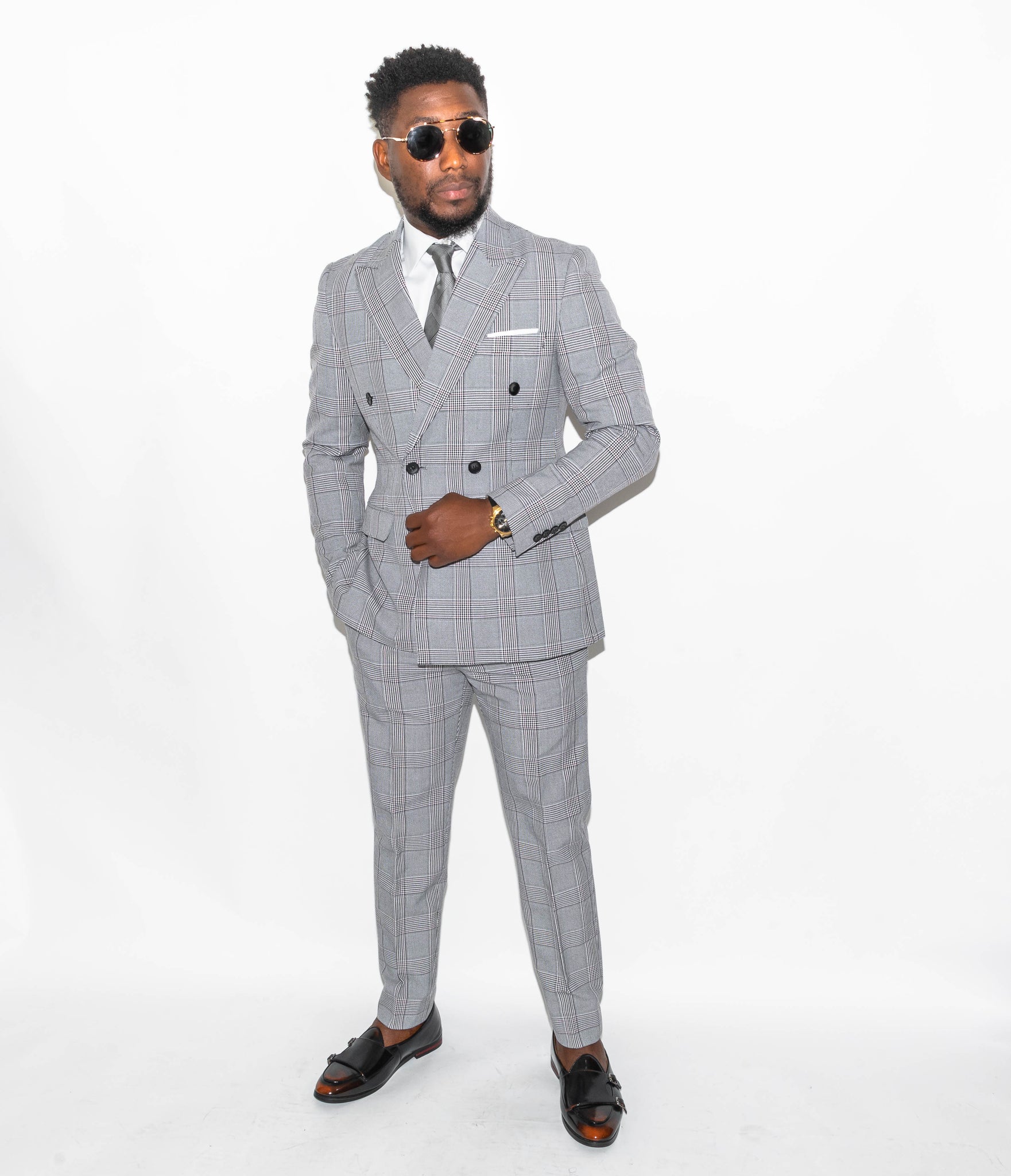 Double breasted grey check on sale suit