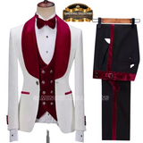 GROOMSMAN PATTERNED WHITE AND RED 3-PIECE TUXEDO