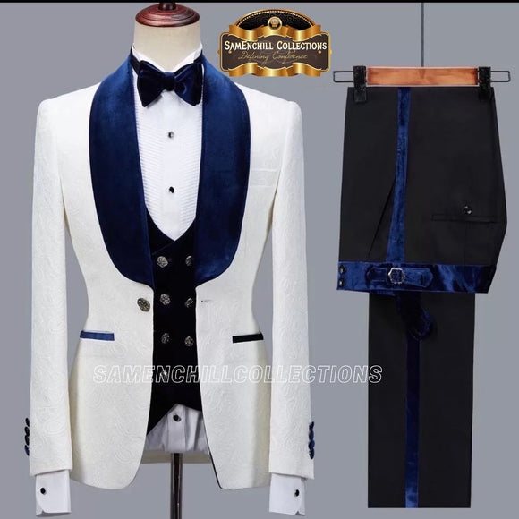 GROOMSMAN PATTERNED BLUE AND WHITE 3-PIECE TUXEDO
