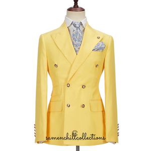 MODERN SOLID YELLOW 2-PIECE DOUBLE-BREASTED TICKET POCKET  SUIT