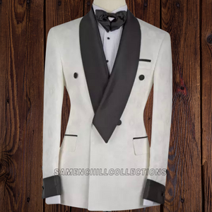 BESPOKE WHITE WITH BLACK HSAWL LAPEL GROOM DOUBLE BREASTED TUXEDO