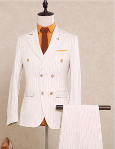 PORTE-ROYAL Off-White 3-Piece Double Breasted Stripped Suit