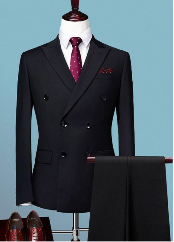 CRISTALLO Solid Black 3-Piece Double Breasted Suit